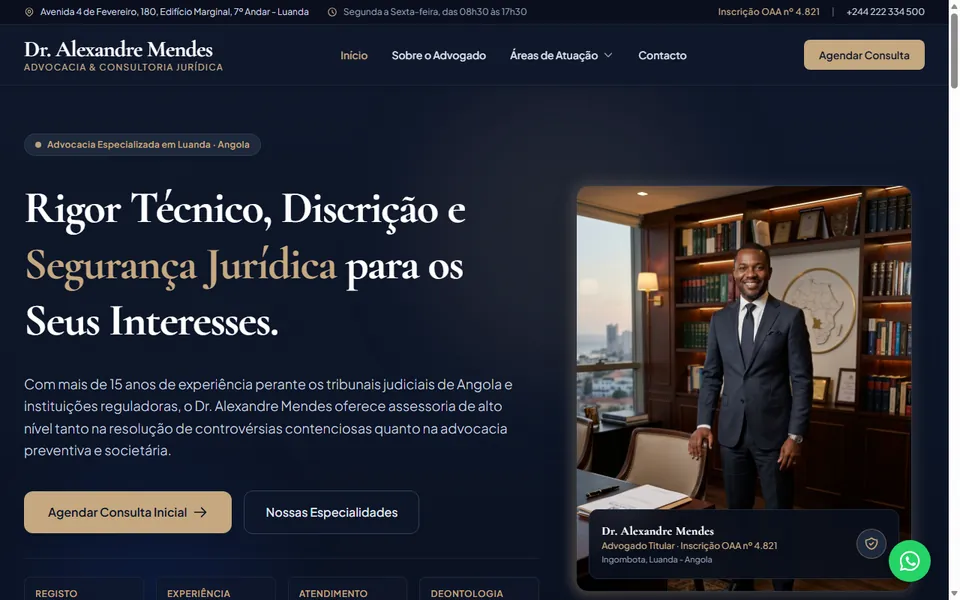 Página inicial do site de exemplo para advogados: fundo azul escuro, título sobre rigor técnico e segurança jurídica e retrato do advogado no escritório.