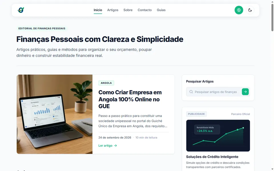 Página inicial do blog Onombongo: título sobre finanças pessoais, artigo em destaque sobre como criar empresa em Angola e caixa de pesquisa.