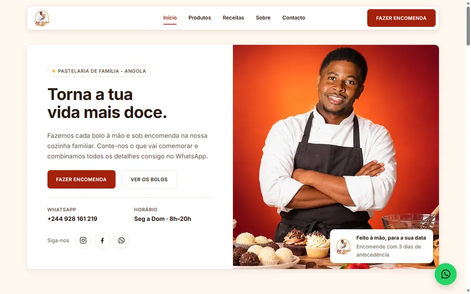 Página inicial do site Ed-Bolos: título "Torna a tua vida mais doce", botão Fazer encomenda e fotografia do pasteleiro com bolos.